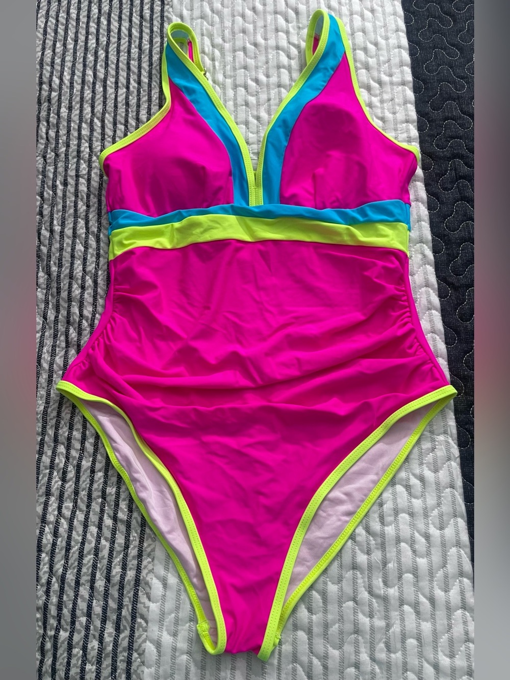 Amazon Pink One-Piece Swimsuit with Blue and Lime Accents NWOT - M/L